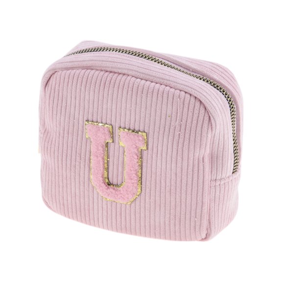 Unique Bargains 1 Pc Letter U Pattern Makeup Bag for Travel Pink Corduroy