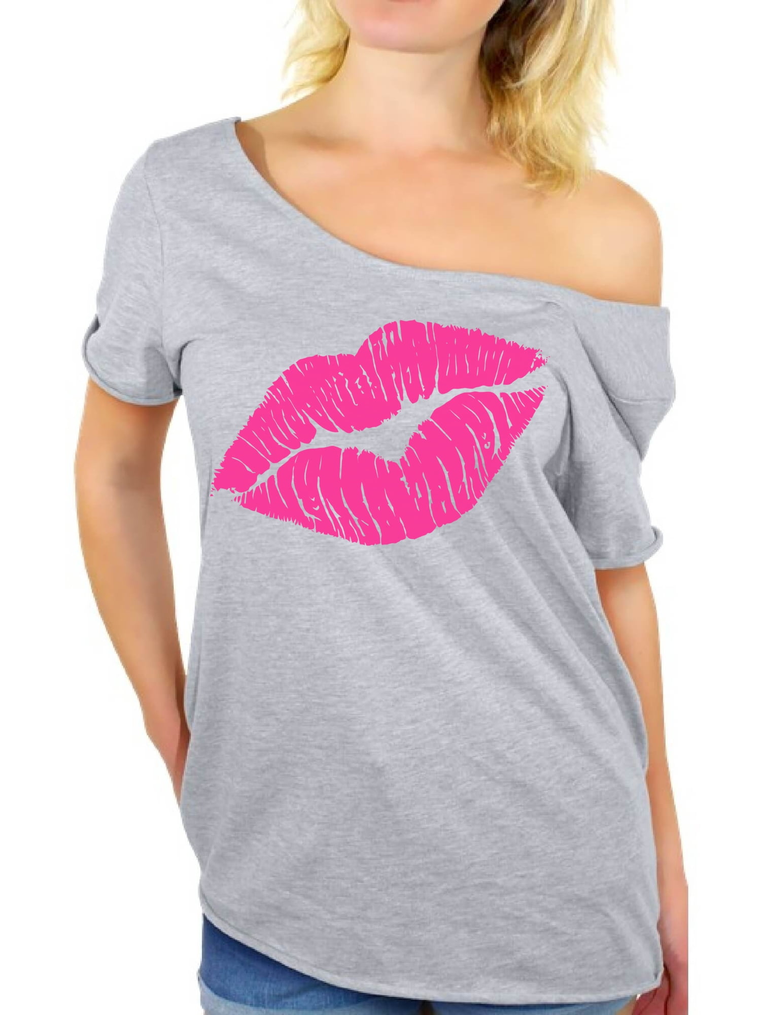 80s Outfits Accessories for Women,Pink Lips Print Off Shoulder T-Shirt for 80s Costumes 