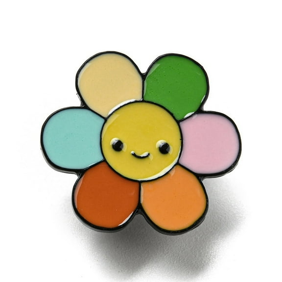 18pcs Enamel Pins Electrophoresis Black Alloy Brooch Smiling Face Flower 24.5x24.5x1.5mm