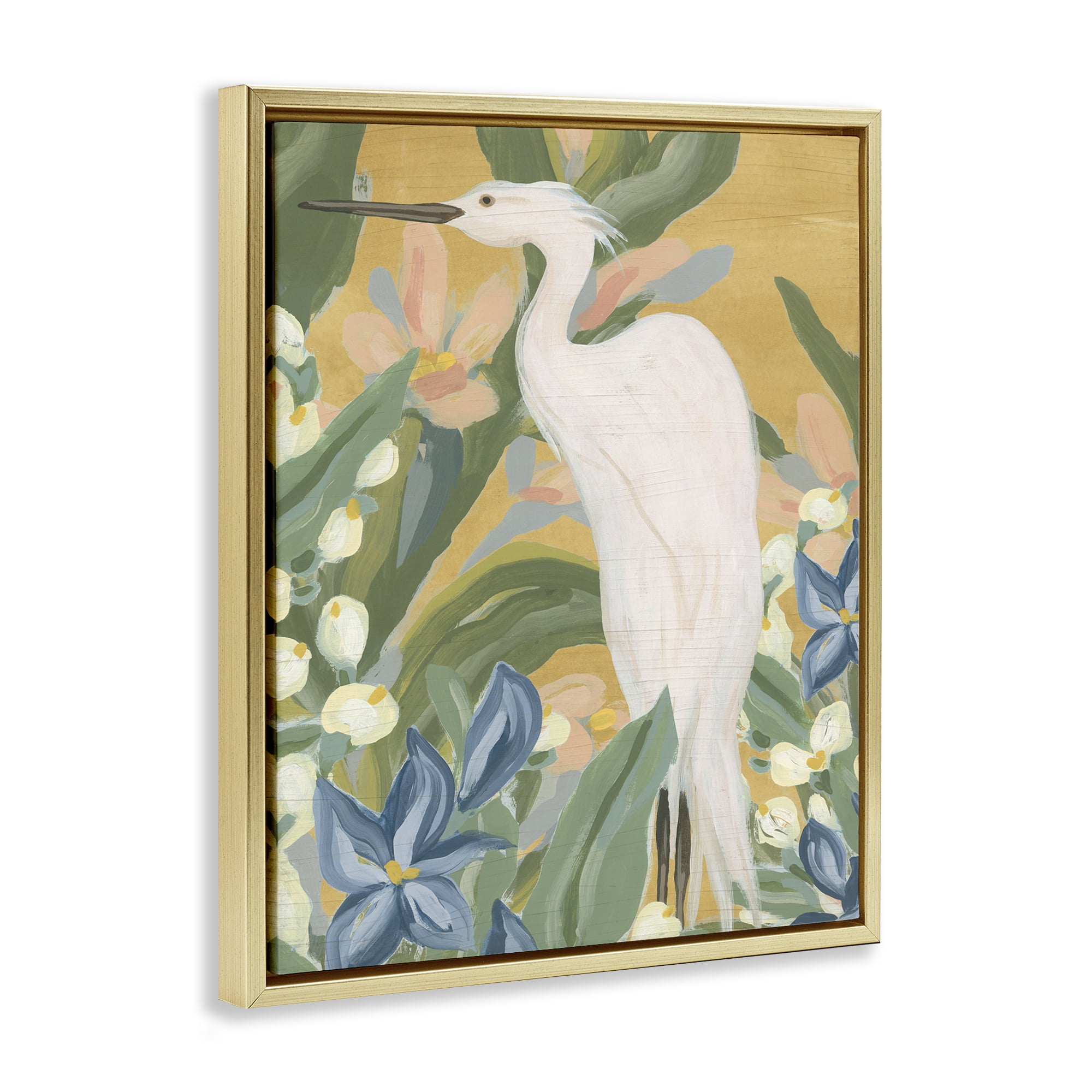 Stupell Industries Tropical Egret Painting Animals & Insects Painting Gold Floater Framed Canvas Art Print Wall Art, 17 x 21
