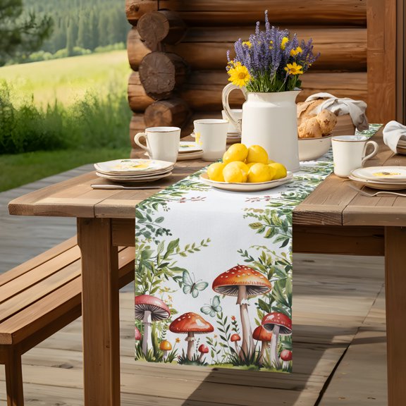 Table Runner,Farmhouse Mushroom Butterfly Kitchen Dining Table Runners Tabletop Decorations Rustic Green Leaf Plant Tablerunner Drsser Sarvs for Home Partyo Wdedeng Birthday Decor,13x36in