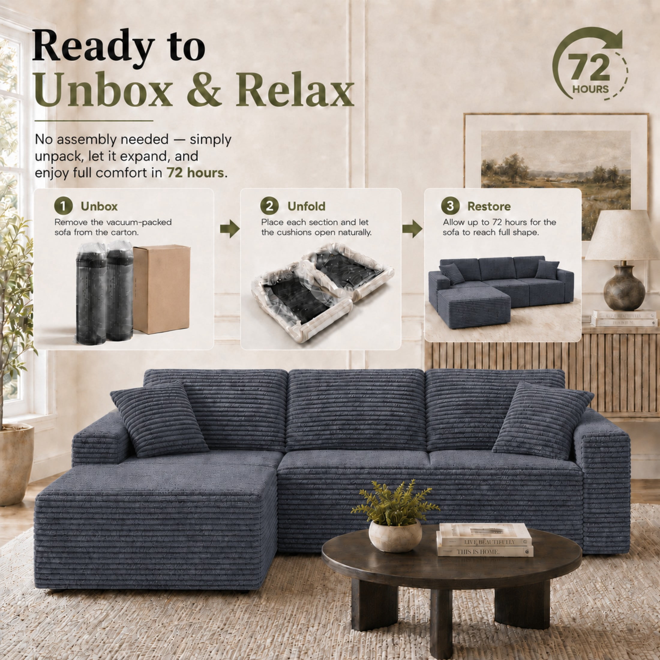 Aenkyo 106 Inch Corduroy L-Shaped Cloud Sectional Sofa with Reversible Chaise, Gray