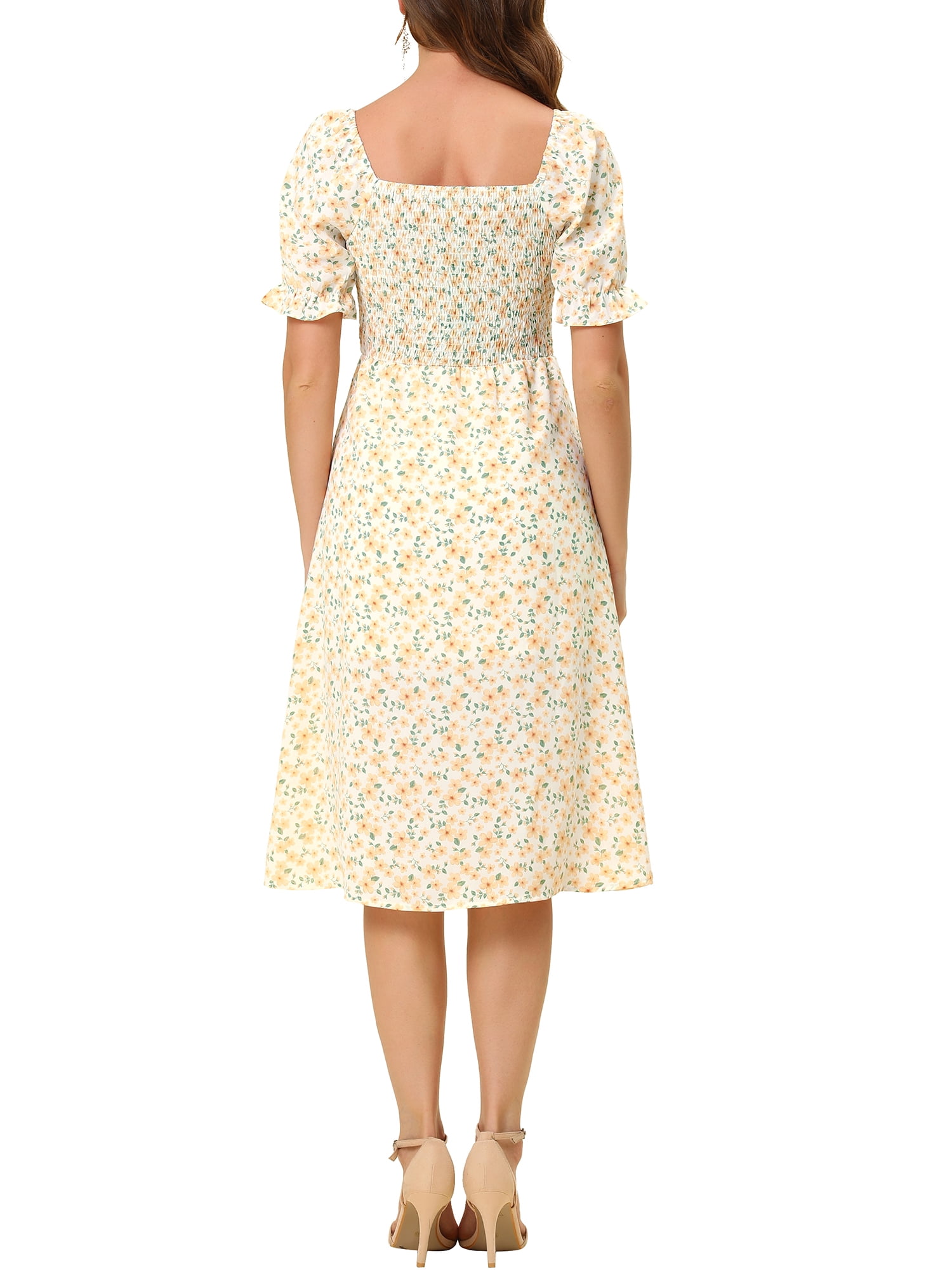 DARING DIVA Square Neck Puff Sleeves Smocked Waist Midi Floral Dres XS Orange