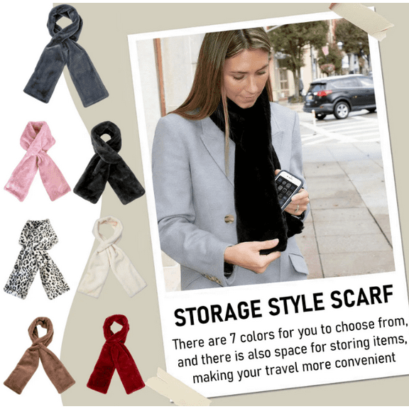 Faux Fur Scarf With Hidden Zipper Pocket For Women,Soft Cozy And Warm Cell Phone And Valuables Winter Accessory