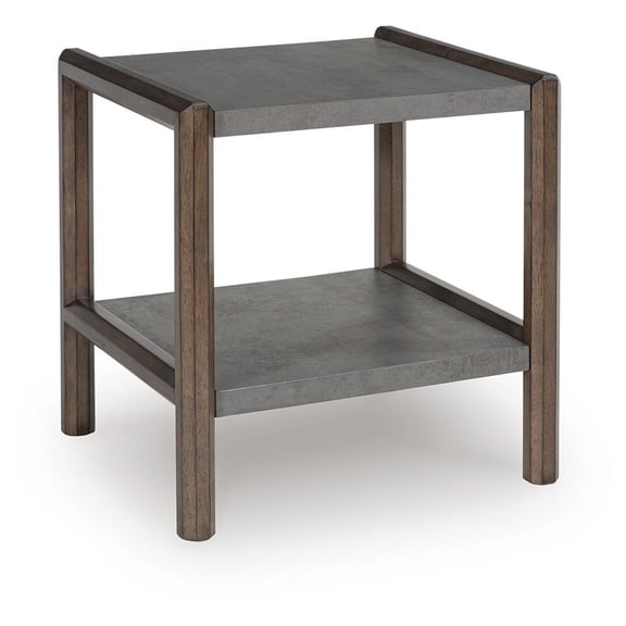 Signature Design by Ashley Kallenny End Table - Dark Brown Oak Finish with Faux Cement Top, Open Display Shelf