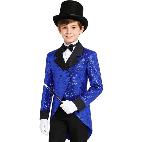 inlzdz Big Boys Magician Outfit Glitter Suit Tuxedo Jacket with Hat Gloves and Wand Magic Shows Dancing Coat Royal Blue 14