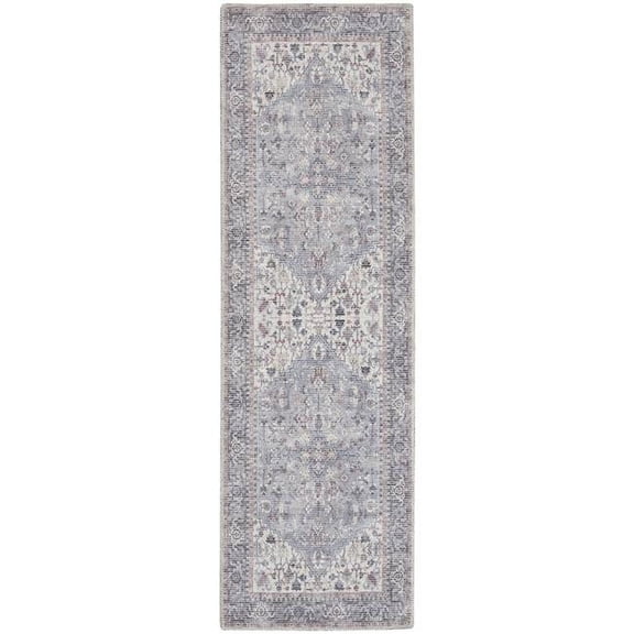 8 ft. Gray Floral Power Loomed Distressed Washable Runner Rug