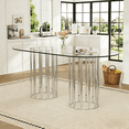 thumbnail image 3 of Hi loPres 71" Oval Glass Dining Table for 6-8, Modern Tempered Glass Table with Double Silver Slatted Cylinder Metal Bases for Kitchen, Living Room, 3 of 8