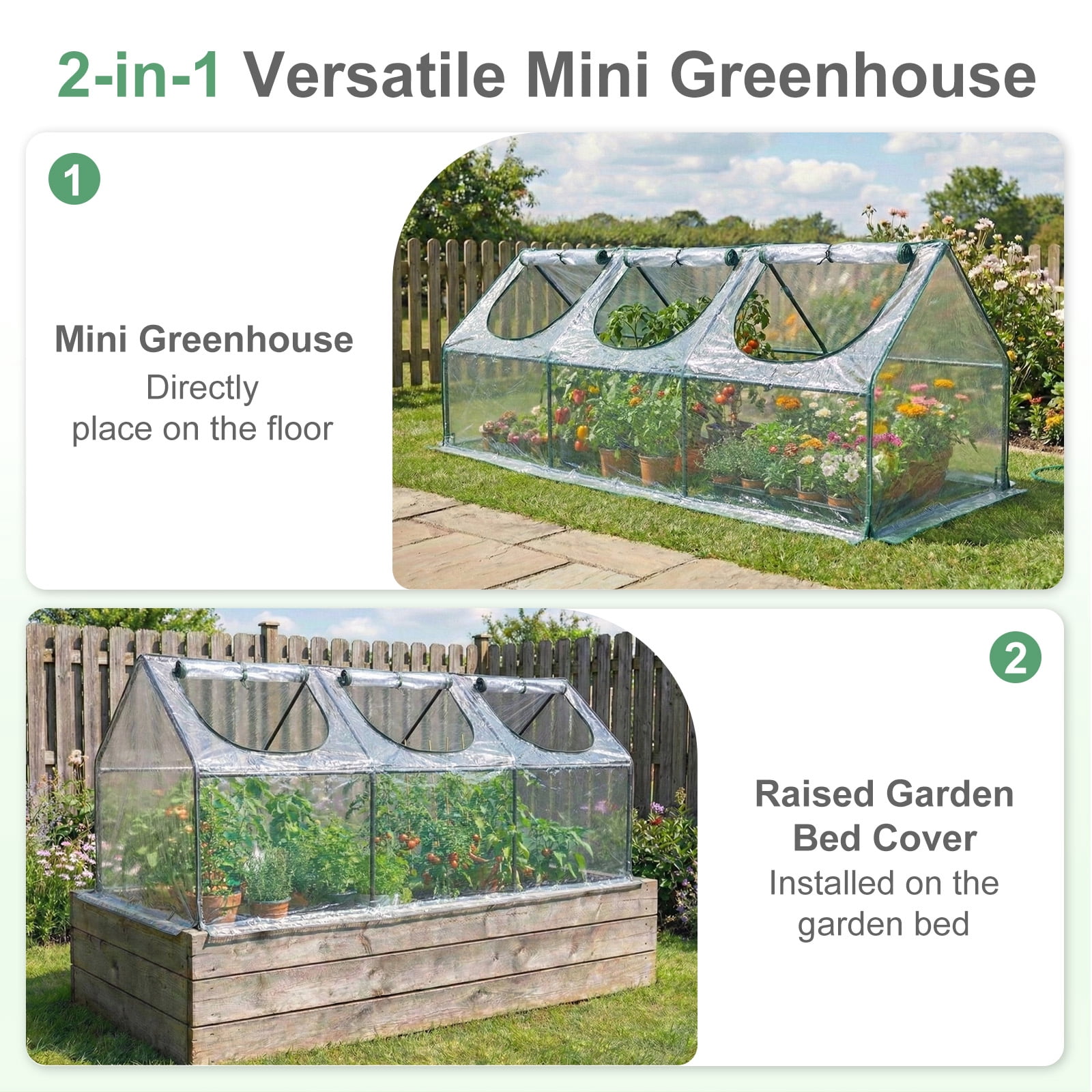 Aoodor 9 ft. x 3 ft. x 3 ft. Mini Greenhouse with 3 Zipper Doors, Water Resistant UV Protected for Flowers, vegetables and herbs - Transparent