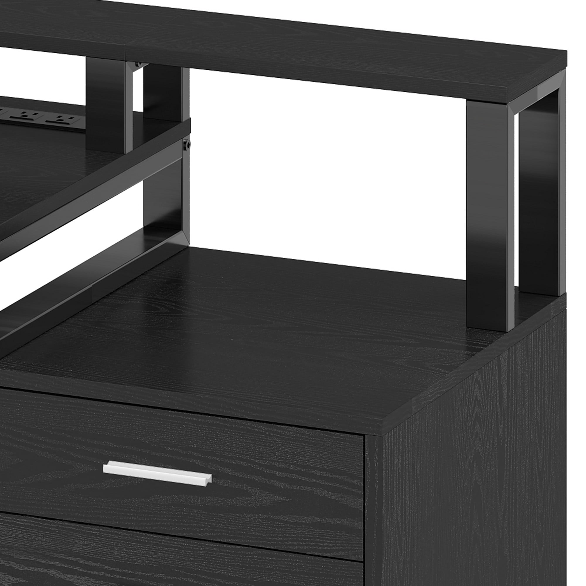 Dextrus L Shaped Desk with LED Light & Power Outlets, Corner Computer Desk with Drawers & Open Storage Shelves, Black
