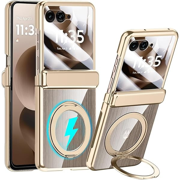 wonima11 for Motorola Razr 2025 / Razr 2024 Case with Magnetic Ring Stand, Crystal Clear Phone Case Rear Screen Protector Hinge Protection Full-Body Anti-Scratch Case for Moto Razr 2025/2024 Gold