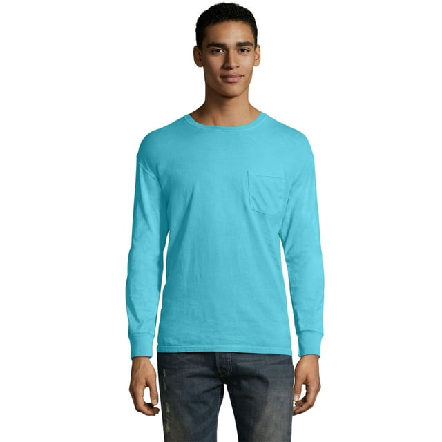 Hanes Mens ComfortWash Garment Dyed Long Sleeve Pocket Tee, M, Freshwater