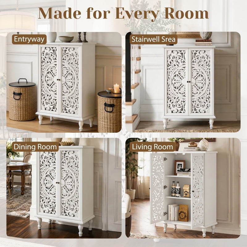 Freestanding Accent Storage Cabinet with Hollowed Out Carved Double Door, Farmhouse Display Buffet Chest with Adjustable Shelf