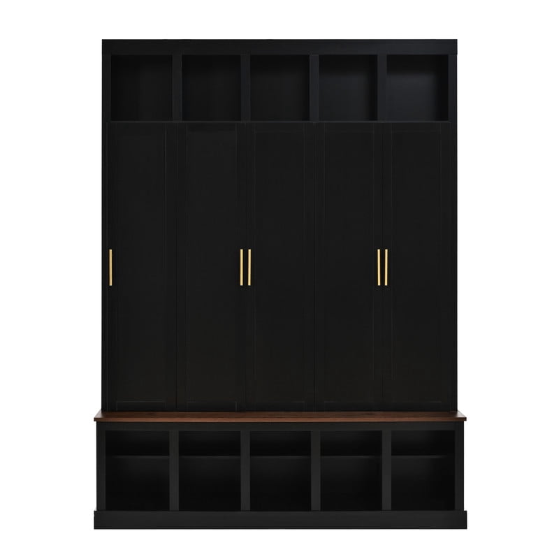 Farmhouse Hall Tree with 5 Doors and Top Storage Compartments, Entryway Coat Rack with Hooks, Mudroom Bench with Shoe Cubbies for Hallway Living Room