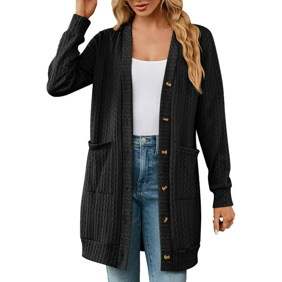 Cardigan Women Solid Pattern Pocket Button Loose Long Sleeve Casual Lightweight Outwear Coats