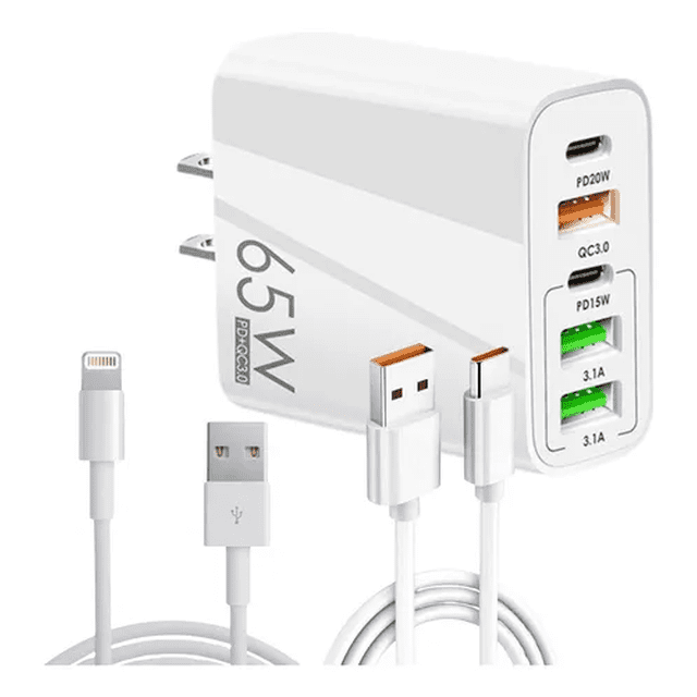 Cargador 65W 5 en 1 con Cable USB-A a Lightning y Cable USB-A a USB-C Carga Rápida PD 20W