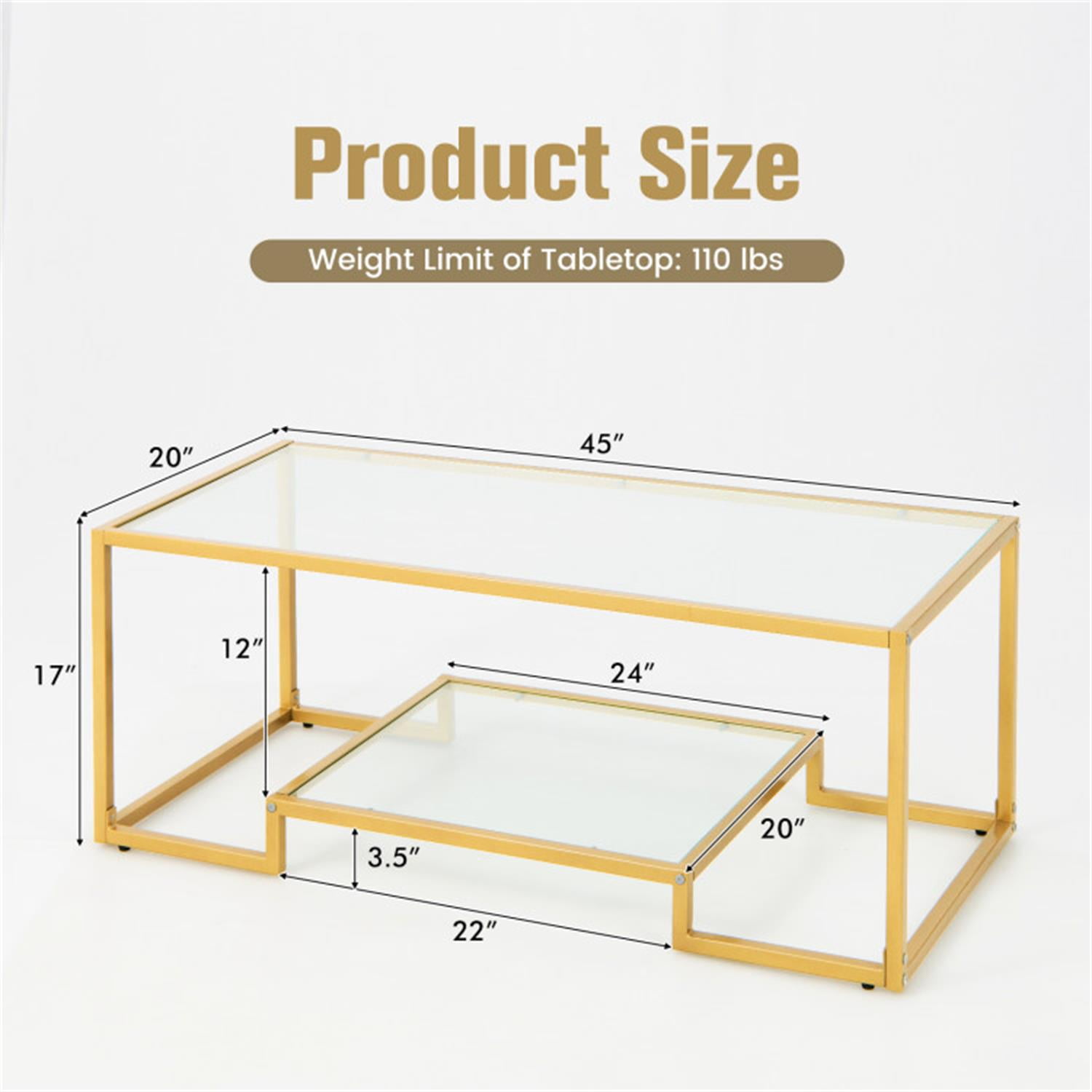 Demi Bonn 3-Piece Coffee Table Set, Modern 2-Tier Rectangular Coffee Table with Glass Table Top & Set of 2 Square Sofa Side Table with Tempered Glass Tabletop, for Living Room, Gold