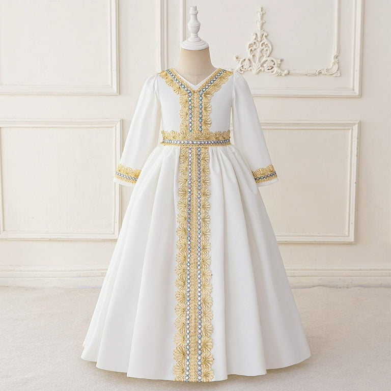 IVEYRTF Childrens Fashion Muslim Princess Dress Embroidery Gold Plated Long  Sleeve V Neck Loose Robe Party Fashion Show Wedding Wear for Girls(White,4  Years) - Walmart.com