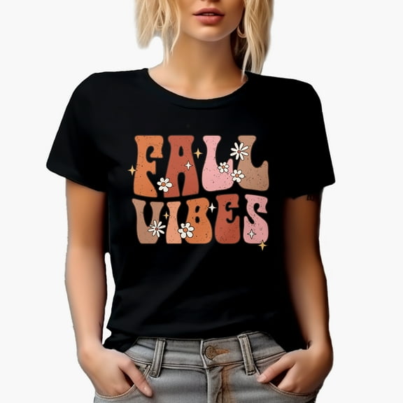 Distressed Fall Vibes, Retro Groovy Wavy Text Art, Black T-Shirt, Small