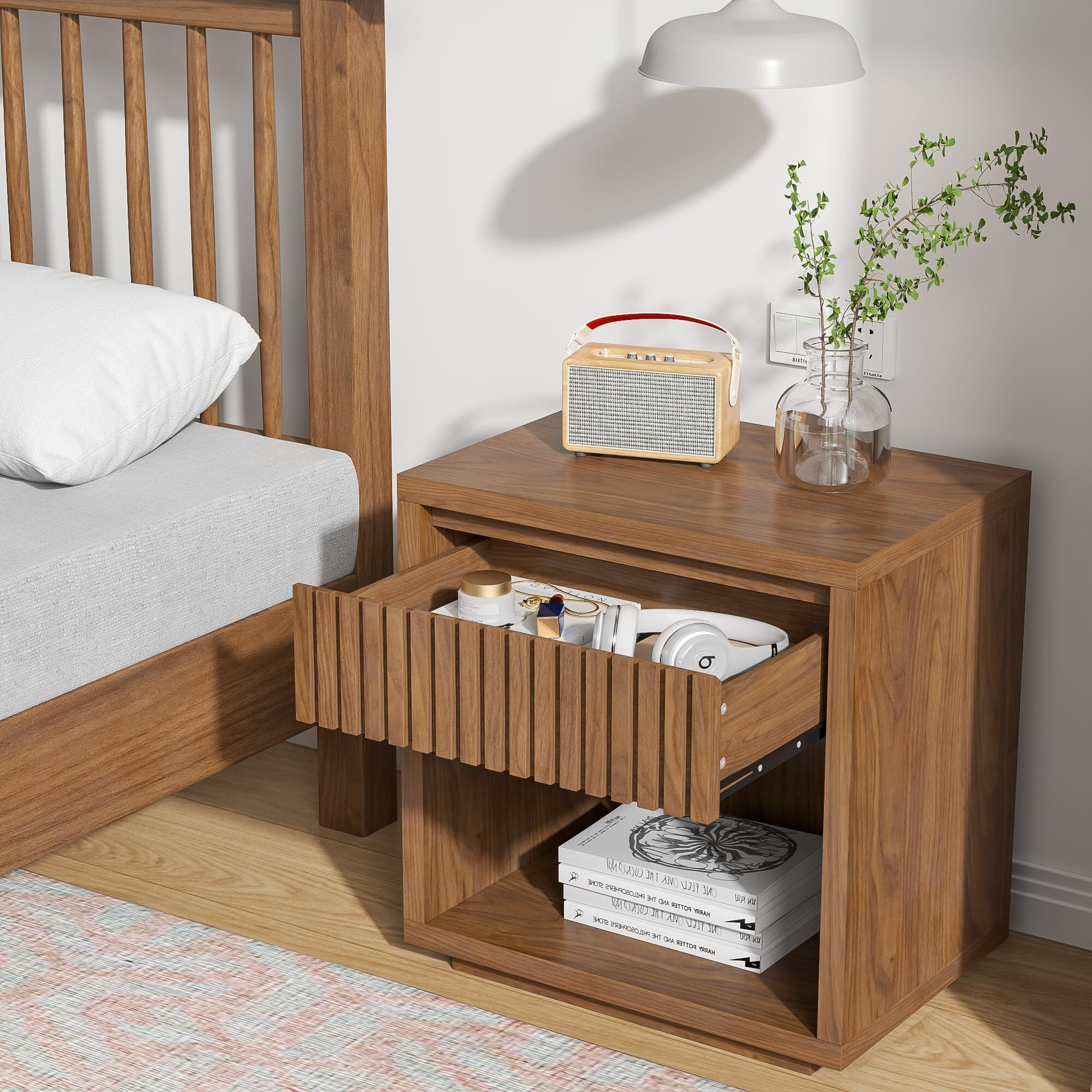 Fluted Nightstand with Drawer Storage, Mid Century Bedside End Table for Bedroom, Walnut, 1 pcs
