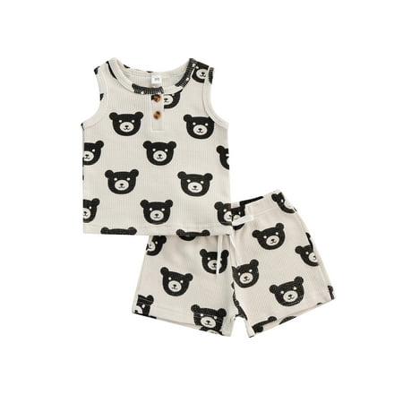 

Eyicmarn 2Pcs Toddler Summer Outfit Bear Print Sleeveless Tank Tops + Elastic Waist Shorts Set for Kids 6 Months to 4 Years