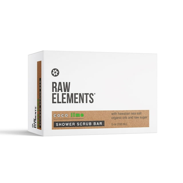 Raw Elements Shower Scrub Bar Coco Lime - Exfoliante corporal orgánico limpiador y exfoliante a base de hierbas y aceite esencial de lima de coco, 3.5 oz