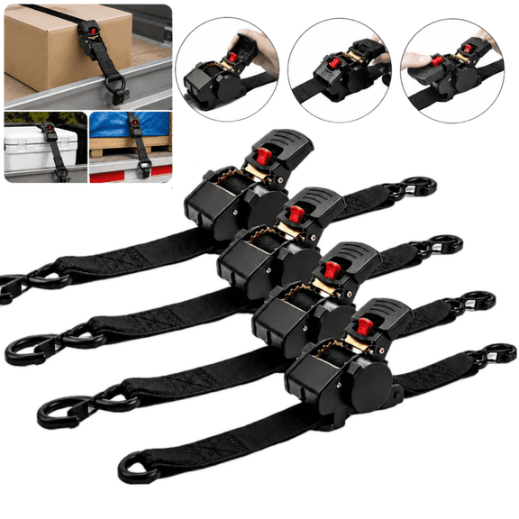 4 Pack Retractable Ratchet Straps, 1 Inch x 10 Ft Self Retracting Tie Down Straps for Motorcycle, ATV and UTV