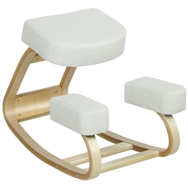 HOMCOM Ergonomic Kneeling Chair, Wood Kneel Stool, Cream White