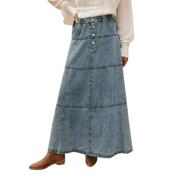 RUTAYY New Women Boho A-Line Layered Patchwork Denim Skirt Solid Color Flowy Swing Pleated Beach Skirts