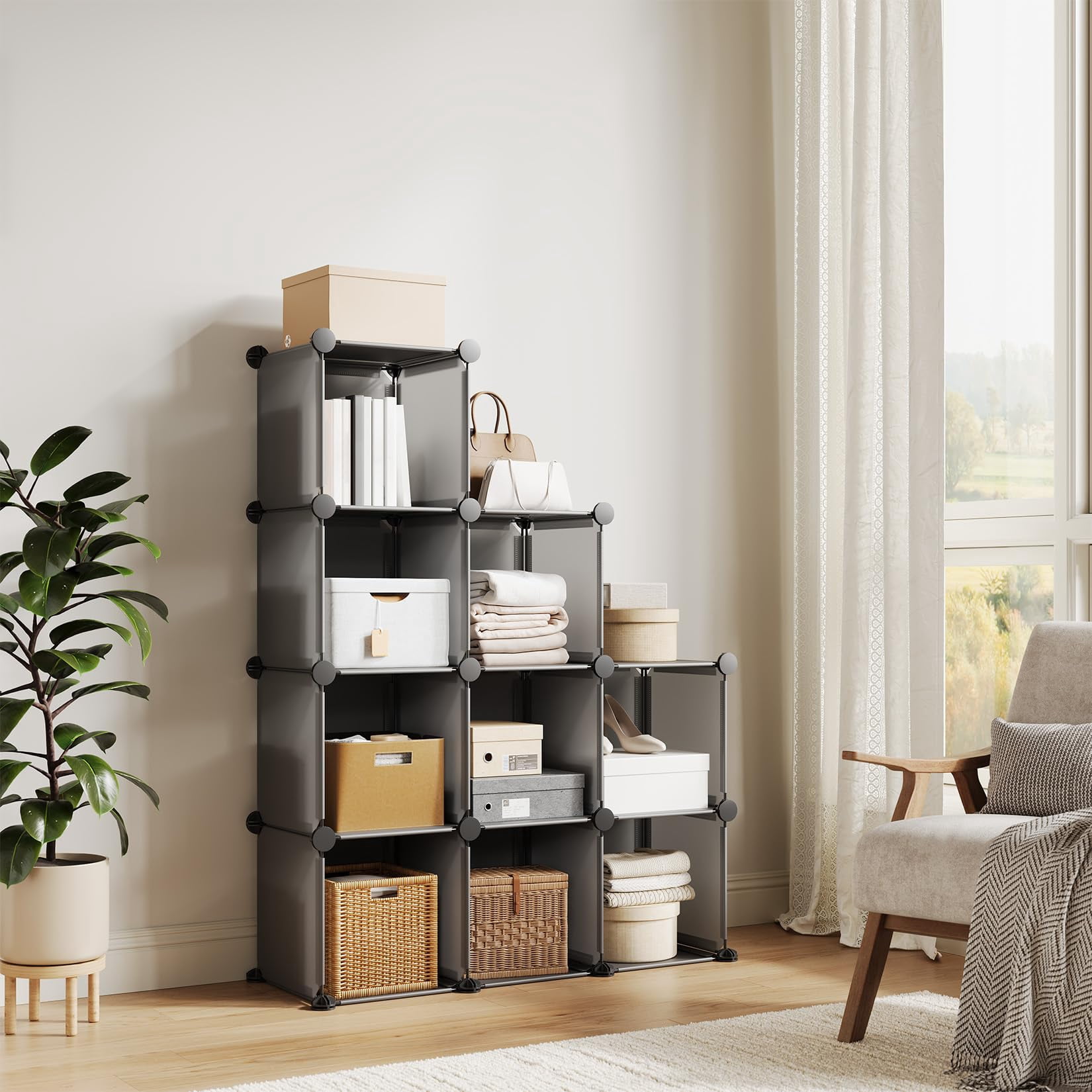 9 Cube Storage Organizer, DIY Modular Bookshelf & Closet Organizer, Plastic Stackable Shelving Cubes with Feet & Rubber Mallet