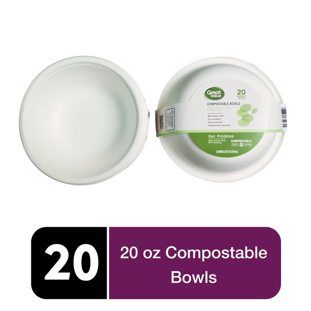 Great Value Disposable Compostable Bowls, 20oz, 20 count