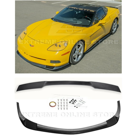 Replacement For 2005-2013 Chevrolet Corvette C6 Base Models | EOS ZR1 Style ABS Plastic PRIMER BLACK Front Bumper Lower Lip Splitter With Painted Matte Black Rear Spoiler COMBO KIT 