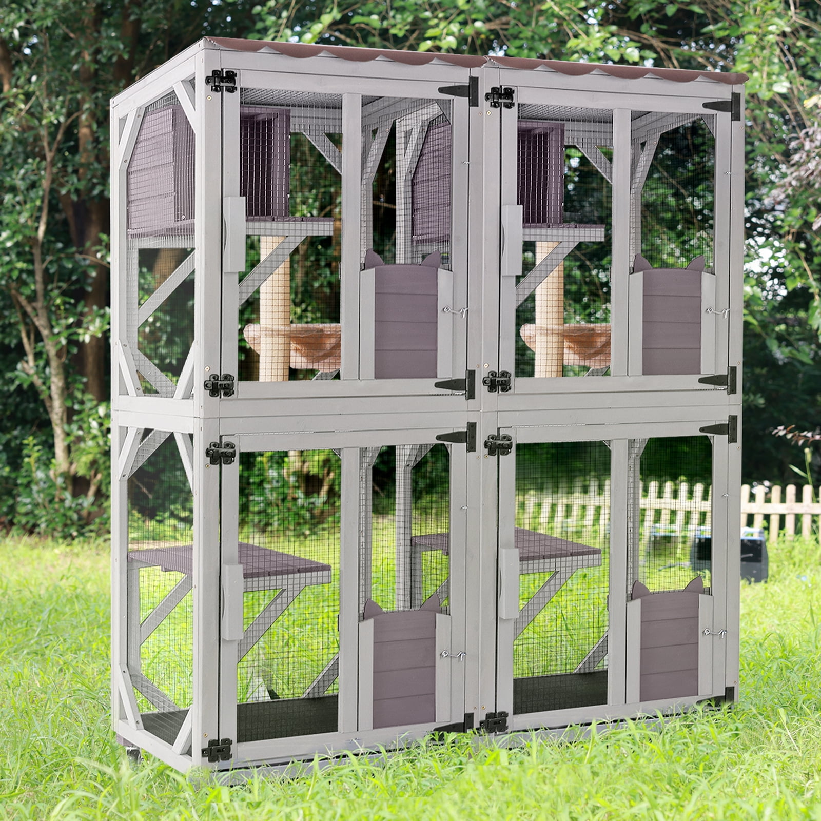 MEDEHOO Catio Outdoor Cat Enclosure Mobile Cat House Indoor On Wheels with Scratch Post, Hammock, Resting Box, Platform, Tarp Roof 62.8", Grey