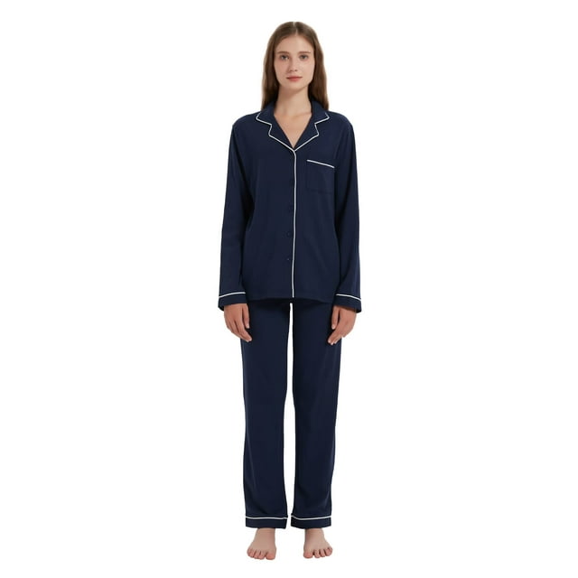 Pijamas de Algodón 100% para Mujer, Conjunto de Pijama de Manga Larga con Botones, Ropa de Dormir Suave, Conjunto de Descanso de Punto con Bolsillos, Azul Marino, M