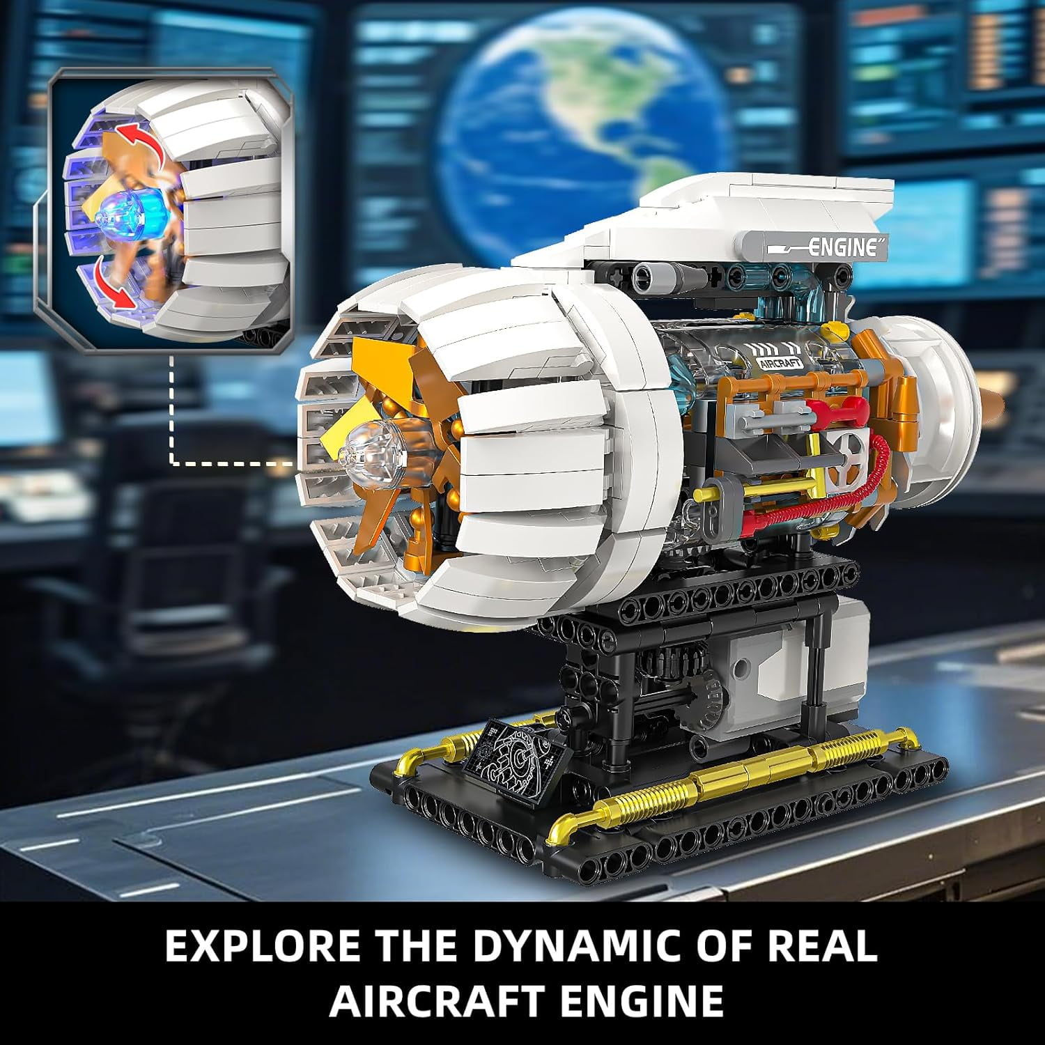 Aircraft Engine Building Kit for Adults, STEM Mini Engine Model Toy with Motor & Hand Rocker, Compatible with Airplane Set,