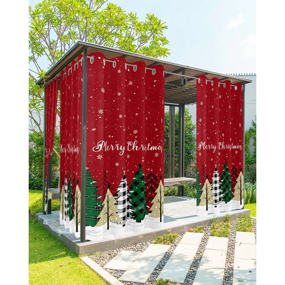 Outdoor Curtains for Patio, Christmas Tree, Waterproof Blackout Outside Curtain for Porch/Pergola/Gazebo, Red Snowflake Buffalo Lattice Green Thermal Insulated Drapes, 2 Panels, 54 x 84 Inch