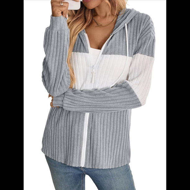 Chaqueta de Rayas con Bloques de Color para Mujer, con Cremallera, Larga, Punto Acanalado, Sudadera con Cordón Ajustable. Gris L
