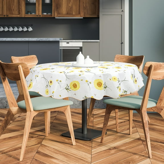 REGALWOVEN Vinyl Home Tablecloth Round Tables 60" Dia Yellow Flower Pattern waterproof