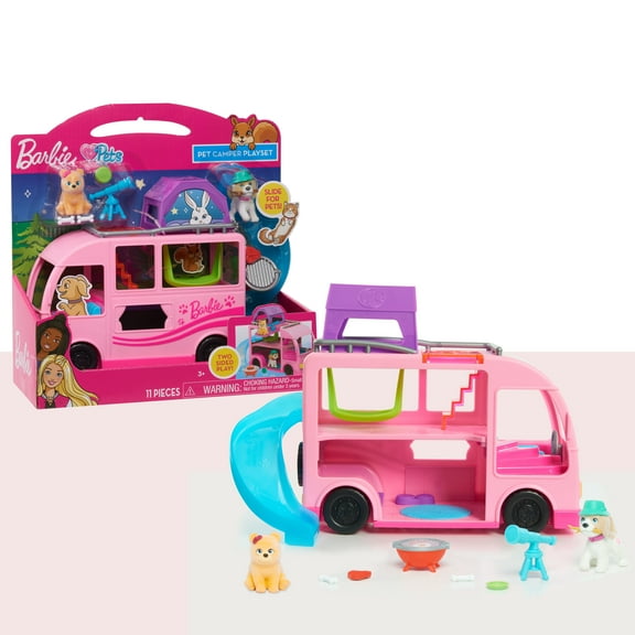 Barbie Pet Camper, 11-pieces, Toy Figures and Playset,  Kids Toys for Ages 3 Up, Gifts and Presents