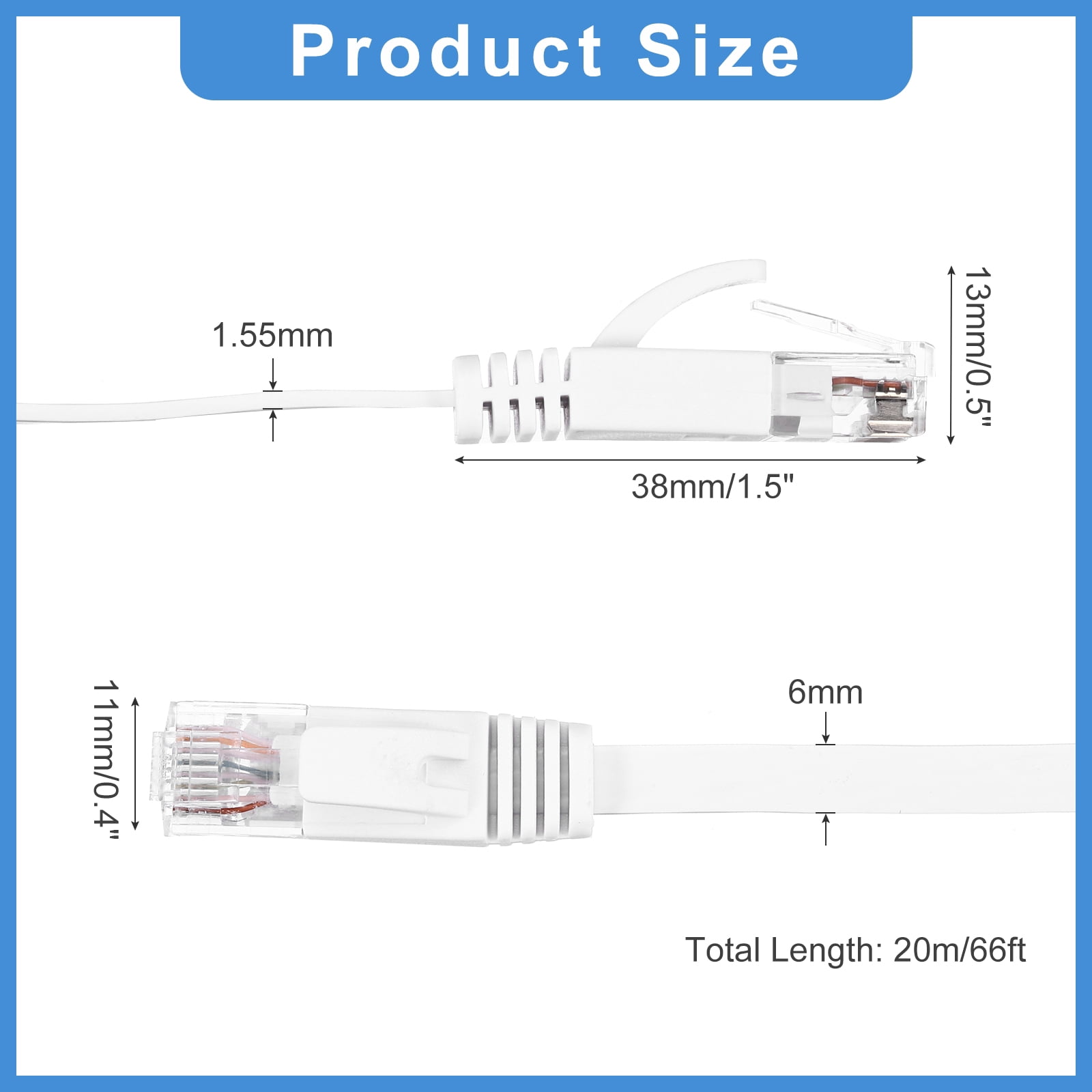 Cat 6 Ethernet Cable 66ft, 32AWG 250MHz Flat High Speed RJ45 Cat6 Internet Network Patch Cord with Clips , White