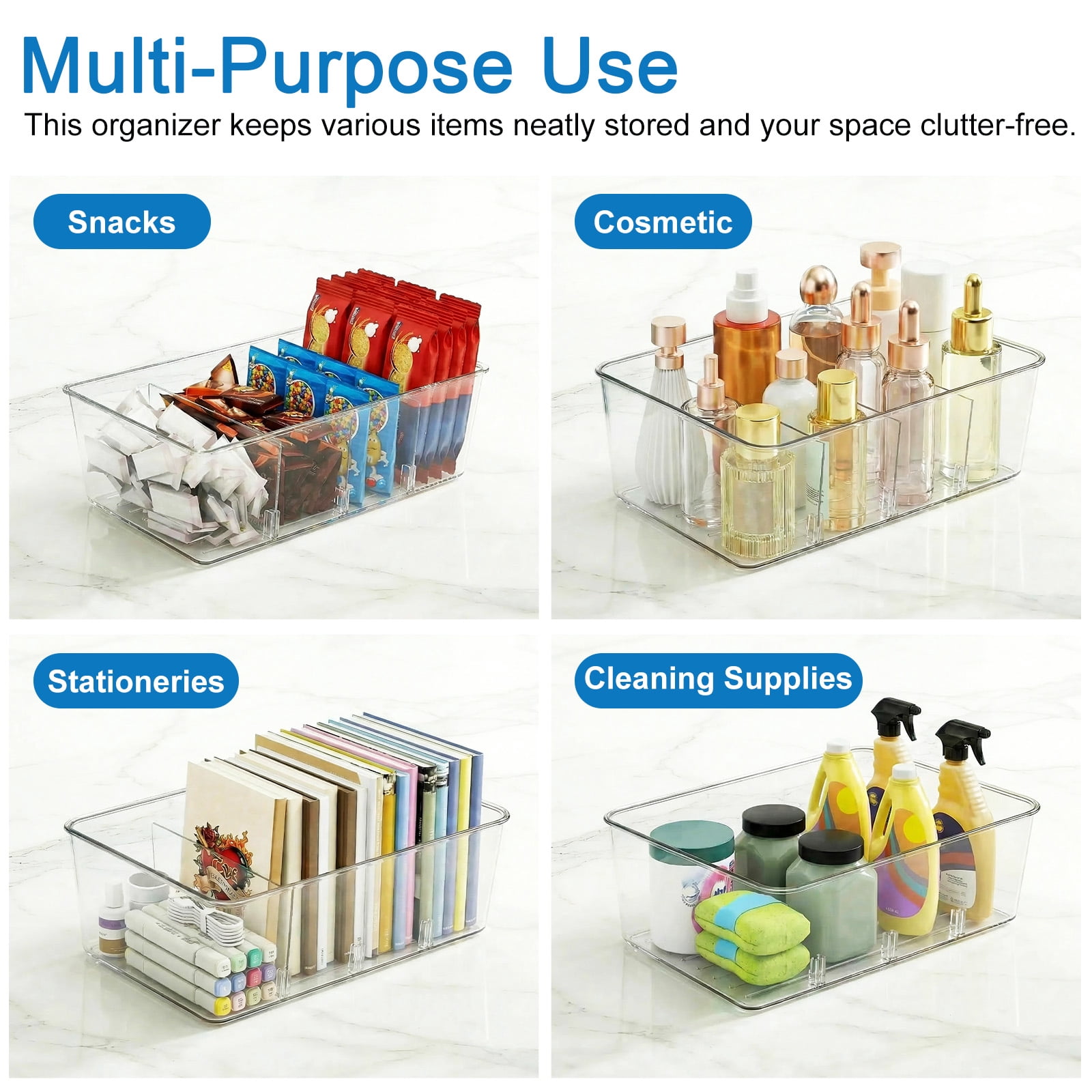 Homtell 4 Pack Clear Plastic 4-Compartment Food Storage Bins, Pantry Organizer for Snacks, Fruits, Vegetables, Tea Bags and Spice Packets