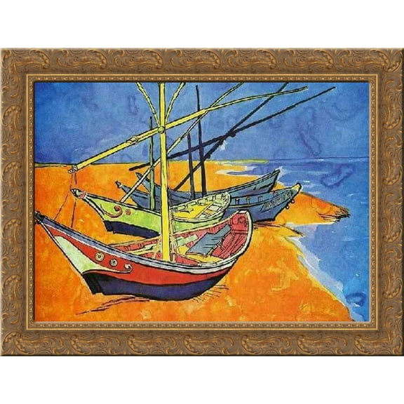 Fishing Boats on the Beach at Saintes-Maries-de-la-Mer 24x18 Gold Ornate Wood Framed Canvas Art by Vincent van Gogh