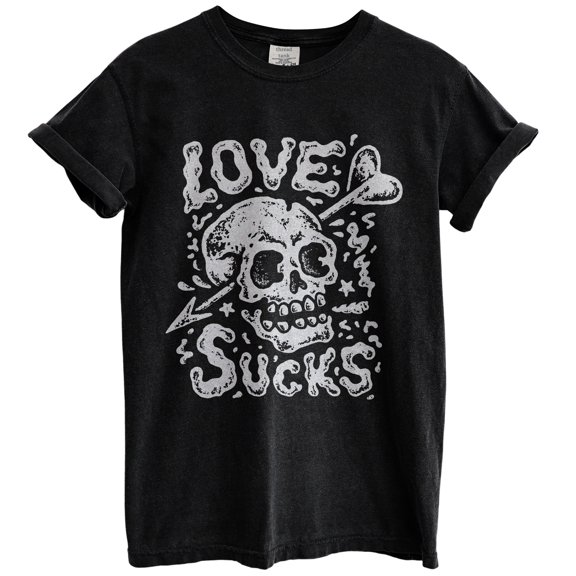 Love Sucks Skull Fun Graphic Tee T-Shirts for Women Men, Short Sleeve Tops - Vintage Black