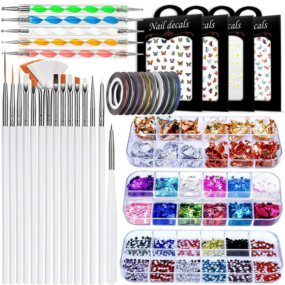 Kit completo de decoración de uñas, pincel para uñas, kit de diamantes de imitación con pegatinas, bolígrafo para puntear, copos de aluminio, hilo dorado y plateado.