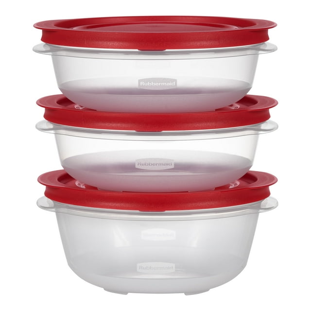 Stacked set of three Rubbermaid EasyStore round food storage containers with red lids, including two 4.5-cup and one 5.94-cup container.