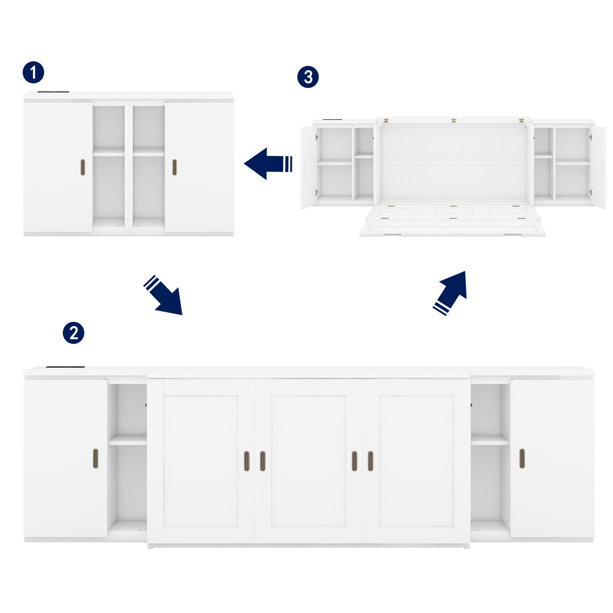 Euroco Wood Queen Size Murphy Bed with USB Charging Station, Convertible Floor Bed with Shelves for Kids Adult, White