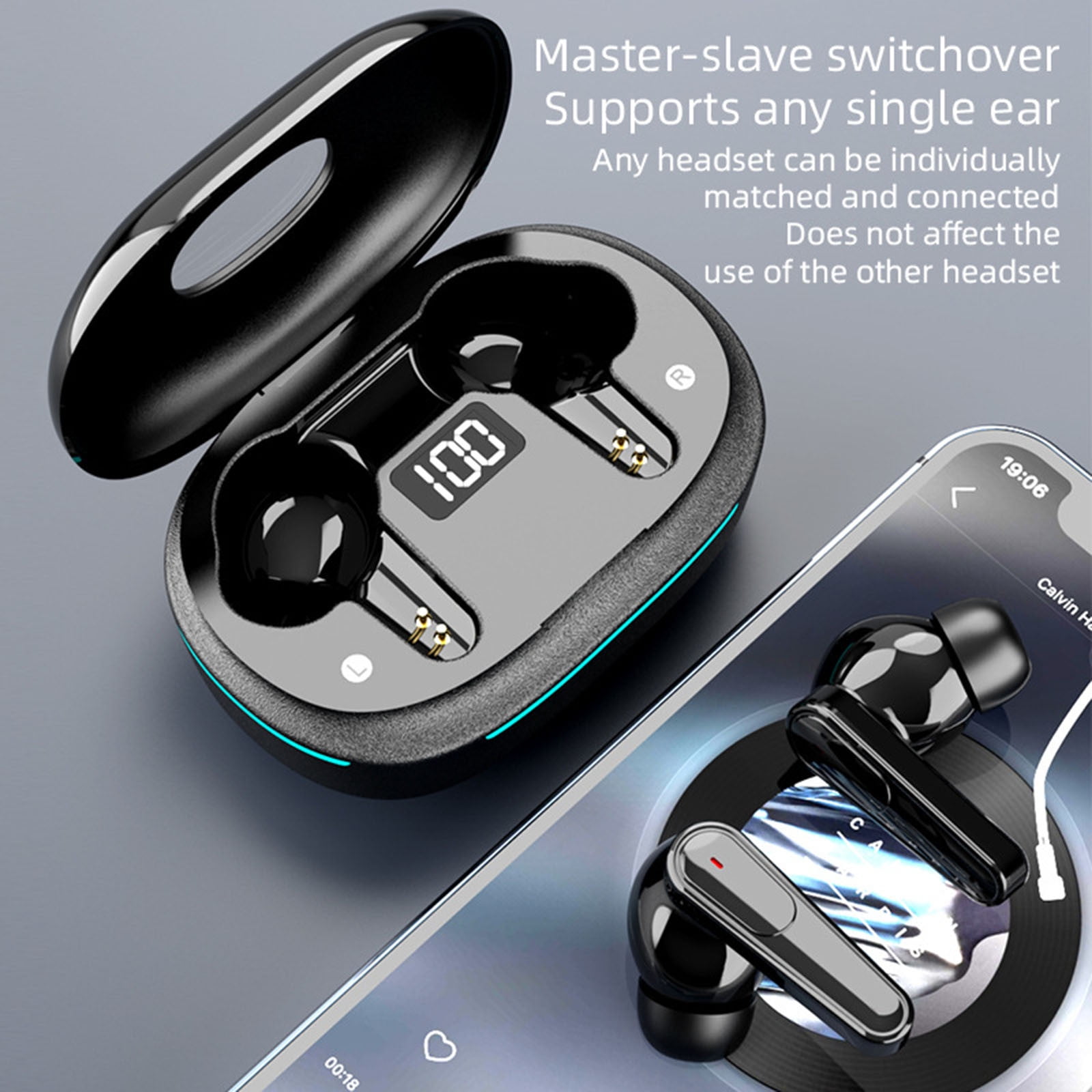 Bluetooth Headphones True Wireless Earbuds 60H Playback LED Power Display Earphones with Wireless Charging Case IPX5 Waterproof in-Ear Earbuds with Mic for TV Smart Phone Laptop Computer Sports,Black