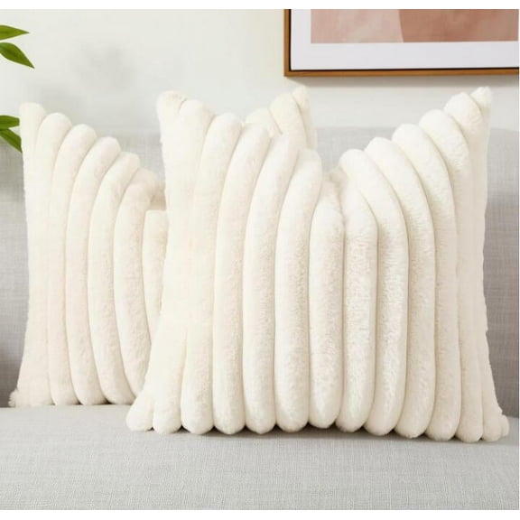 Faux Fur Throw Pillow Covers 18x18 Set of 2, Decorative Soft Plush Striped Couch Pillow Covers with Velvet Back for Sofa, Bed, Living Room, Cream White