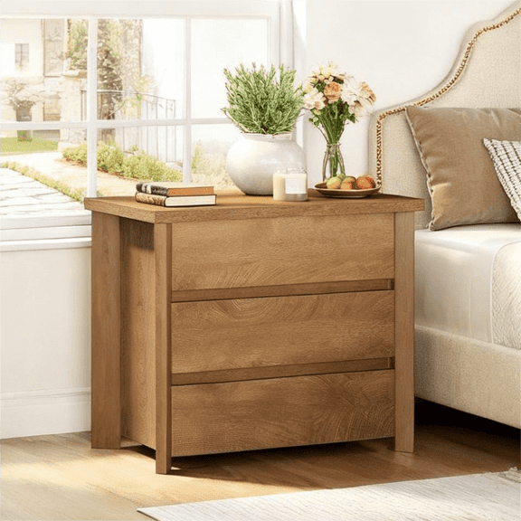 Fnova Wood Nightstand with 3 Drawers, Large Farmhouse Nightstand with Storage for Bedroom and Small Spaces, Easy Assembly, Rustic Brown