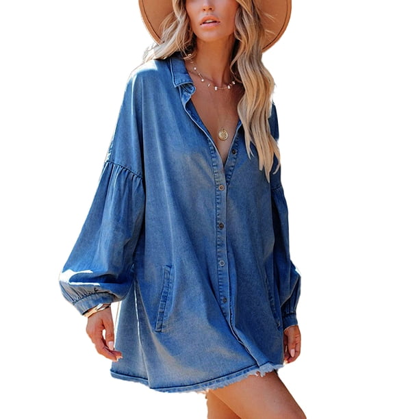 VISgogo Vestido de mezclilla para mujer, color liso, cuello vuelto, manga larga, botón frontal, vestido estilo camisa suelta con bolsillos VISgogo moda